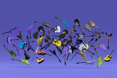 Uçan elektro gitarların çoğu menekşe arka planda izole edilmiştir. Müzik dükkanı için İspanyol gitarlı rock festivali posterinin 3D canlandırması