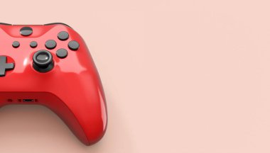 Gerçekçi kırmızı gök mavisi video oyunu joystickleri ya da pembe arka planda oyun pedleri. Bulut oyunu ve oyun alanı çalışma alanı konsepti için 3 boyutlu görüntüleme