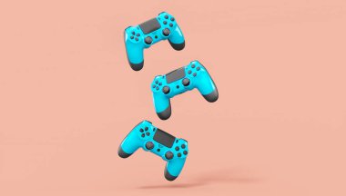 Pembe arka planda gerçekçi mavi oyun joystickleri veya oyun pedleri. Bulut oyunu ve oyun alanı çalışma alanı konsepti için 3 boyutlu görüntüleme