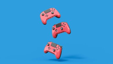 Gerçekçi kırmızı video oyunu joystickleri ya da mavi arka planda oyun pedleri. Bulut oyunu ve oyun alanı çalışma alanı konsepti için 3 boyutlu görüntüleme