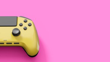 Pembe arka planda gerçekçi sarı video oyunu joystickleri ya da oyun pedleri. Bulut oyunu ve oyun alanı çalışma alanı konsepti için 3 boyutlu görüntüleme