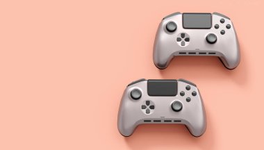 Pembe arka planda gerçekçi gri video oyunu joystickleri ya da oyun pedleri. Bulut oyunu ve oyun alanı çalışma alanı konsepti için 3 boyutlu görüntüleme