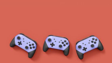 Gerçekçi gri video oyunu joystickleri ya da kırmızı arka planda oyun pedleri. Bulut oyunu ve oyun alanı çalışma alanı konsepti için 3 boyutlu görüntüleme