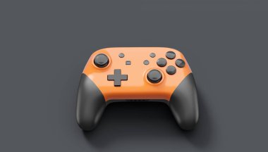 Siyah arka planda gerçekçi turuncu oyun joystickleri ya da oyun pedleri. Bulut oyunu ve oyun alanı çalışma alanı konsepti için 3 boyutlu görüntüleme