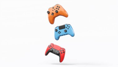 Gerçekçi renkli video oyunu joystickleri ya da beyaz arka planda renk düğmeleri olan gamepad 'ler. Bulut oyunu ve oyun alanı çalışma alanı konsepti için 3 boyutlu görüntüleme