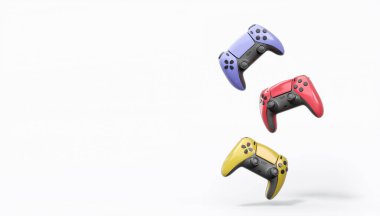 Gerçekçi renkli video oyunu joystickleri ya da beyaz arka planda renk düğmeleri olan gamepad 'ler. Bulut oyunu ve oyun alanı çalışma alanı konsepti için 3 boyutlu görüntüleme
