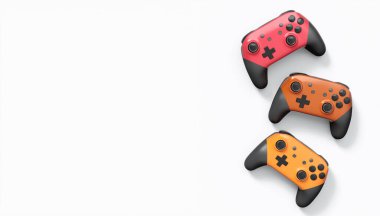 Gerçekçi renkli video oyunu joystickleri ya da beyaz arka planda renk düğmeleri olan gamepad 'ler. Bulut oyunu ve oyun alanı çalışma alanı konsepti için 3 boyutlu görüntüleme