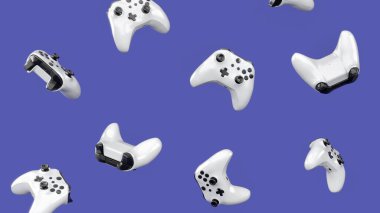 Mor arka planda dönen ve düşen gerçekçi siyah oyun joystickleri ya da gamepad 'leri. Bulut oyunu ve oyun alanı çalışma alanı konsepti için 3B yayın ekipmanı oluşturma