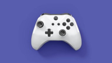 Gerçekçi beyaz video oyunu joystick 'i ya da menekşe arka planda oyun platformu. Bulut oyunu ve oyun alanı çalışma alanı konsepti için 3 boyutlu görüntüleme