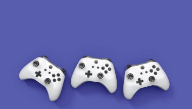 Gerçekçi beyaz video oyunu joystickleri ya da menekşe arka planda oyun pedleri. Bulut oyunu ve oyun alanı çalışma alanı konsepti için 3 boyutlu görüntüleme