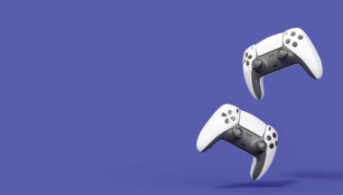 Gerçekçi beyaz video oyunu joystickleri ya da menekşe arka planda oyun pedleri. Bulut oyunu ve oyun alanı çalışma alanı konsepti için 3 boyutlu görüntüleme