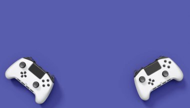 Gerçekçi beyaz video oyunu joystickleri ya da menekşe arka planda oyun pedleri. Bulut oyunu ve oyun alanı çalışma alanı konsepti için 3 boyutlu görüntüleme