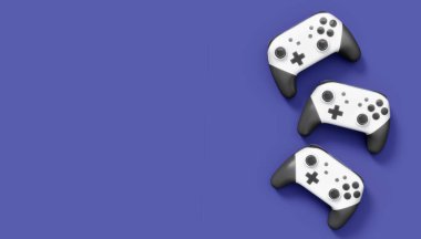 Gerçekçi beyaz video oyunu joystickleri ya da menekşe arka planda oyun pedleri. Bulut oyunu ve oyun alanı çalışma alanı konsepti için 3 boyutlu görüntüleme