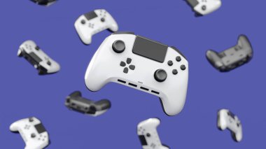 Mor arka planda dönen ve düşen gerçekçi siyah oyun joystickleri ya da gamepad 'leri. Bulut oyunu ve oyun alanı çalışma alanı konsepti için 3B yayın ekipmanı oluşturma