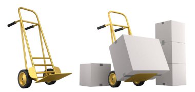 Havaalanı bagaj seti ya da bagaj vagonu yanında bir yığın karton kutu ya da beyaz arka planda karton kutu. Havaalanı veya depo servisinin 3d oluşturma ögesi