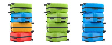 Beyaz arka planda bagajları taşımak için normal polikarbonat valiz seti. 3D seyahat konsepti. Tatil ve bagaj taşımacılığı.