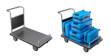 Beyaz arka planda bagajları taşımak için normal polikarbonat valiz seti. 3D seyahat konsepti. Tatil ve bagaj taşımacılığı.