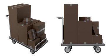 Havaalanı bagaj seti ya da bagaj vagonu yanında bir yığın karton kutu ya da beyaz arka planda karton kutu. Havaalanı veya depo servisinin 3d oluşturma ögesi