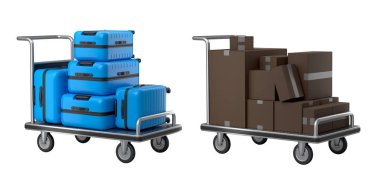 Bavulları ve kutuları beyaz arka planda taşımak için havaalanı tramvayına koyun. 3D seyahat konsepti. Tatil ve bagaj taşımacılığı.