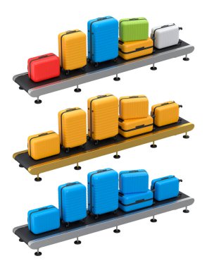 Havalimanı bagaj taşıma bandı, üretim hattı ya da bavulları beyaz arka planda olan bagaj teslim alanı. Seyahat tatil konseptinin 3D sunucusu.