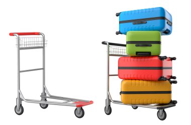 Beyaz arka planda bagajları taşımak için normal polikarbonat valiz seti. 3D seyahat konsepti. Tatil ve bagaj taşımacılığı.