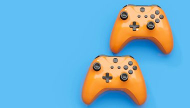 Gerçekçi mavi video oyunu joystickleri ya da mavi arka planda oyun koruyucuları. Bulut oyunu ve oyun alanı çalışma alanı konsepti için 3 boyutlu görüntüleme