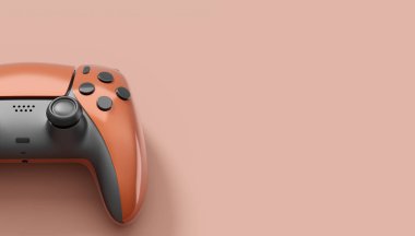 Kırmızı arka planda gerçekçi kırmızı video oyunu joystickleri ya da oyun pedleri. Bulut oyunu ve oyun alanı çalışma alanı konsepti için 3 boyutlu görüntüleme