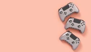 Pembe arka planda gerçekçi gri video oyunu joystickleri ya da oyun pedleri. Bulut oyunu ve oyun alanı çalışma alanı konsepti için 3 boyutlu görüntüleme