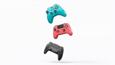 Gerçekçi renkli video oyunu joystickleri ya da beyaz arka planda renk düğmeleri olan gamepad 'ler. Bulut oyunu ve oyun alanı çalışma alanı konsepti için 3 boyutlu görüntüleme