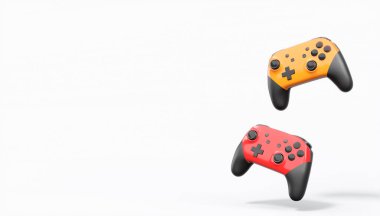 Gerçekçi renkli video oyunu joystickleri ya da beyaz arka planda renk düğmeleri olan gamepad 'ler. Bulut oyunu ve oyun alanı çalışma alanı konsepti için 3 boyutlu görüntüleme