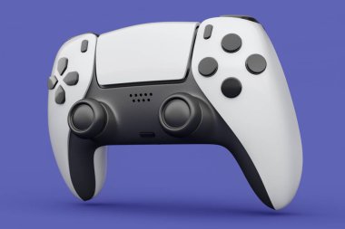 Gerçekçi beyaz video oyunu joystick 'i ya da menekşe arka planda oyun platformu. Bulut oyunu ve oyun alanı çalışma alanı konsepti için 3 boyutlu görüntüleme