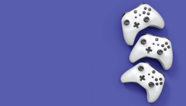 Gerçekçi beyaz video oyunu joystickleri ya da menekşe arka planda oyun pedleri. Bulut oyunu ve oyun alanı çalışma alanı konsepti için 3 boyutlu görüntüleme