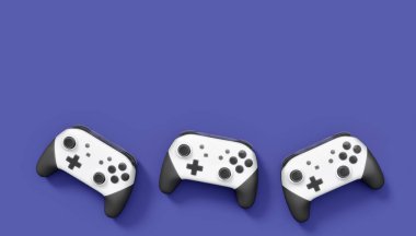 Gerçekçi beyaz video oyunu joystickleri ya da menekşe arka planda oyun pedleri. Bulut oyunu ve oyun alanı çalışma alanı konsepti için 3 boyutlu görüntüleme
