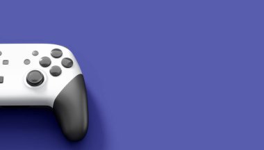 Gerçekçi beyaz video oyunu joystick 'i ya da menekşe arka planda oyun platformu. Bulut oyunu ve oyun alanı çalışma alanı konsepti için 3 boyutlu görüntüleme