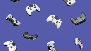 Mor arka planda dönen ve düşen gerçekçi siyah oyun joystickleri ya da gamepad 'leri. Bulut oyunu ve oyun alanı çalışma alanı konsepti için 3B yayın ekipmanı oluşturma