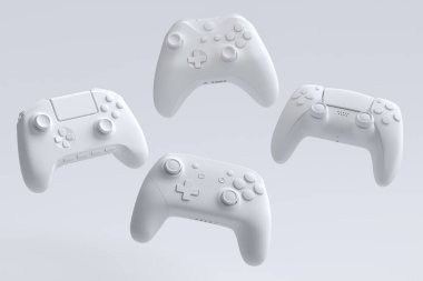 Tek renkli arka planda uçan oyun kumandası ya da oyun yastığı seti. Canlı yayın konsepti için 3D aksesuar hazırlama