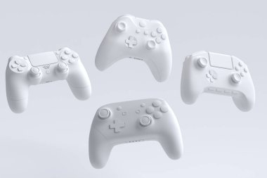 Tek renkli arka planda uçan oyun kumandası ya da oyun yastığı seti. Canlı yayın konsepti için 3D aksesuar hazırlama