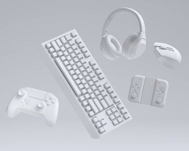 VR gözlükleri, klavyeler, joystick, kulaklıklar ve tek renkli arka plandaki fare gibi üst düzey oyuncu dişlileri. Canlı yayın konsepti için 3D aksesuar hazırlama