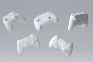 Tek renkli arka planda uçan oyun kumandası ya da oyun yastığı seti. Canlı yayın konsepti için 3D aksesuar hazırlama