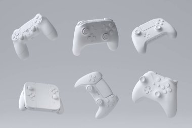 Tek renkli arka planda uçan oyun kumandası ya da oyun yastığı seti. Canlı yayın konsepti için 3D aksesuar hazırlama