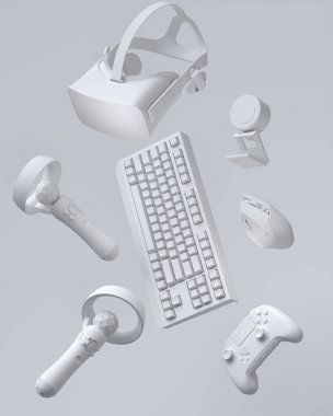 Fare, klavye, joystick, kulaklıklar ve tek renkli arka planda web kamerası gibi üst düzey oyuncu dişlileri. Canlı yayın konsepti için 3D aksesuar hazırlama