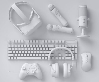 Fare, klavye, joystick, kulaklık ve telefon gibi üst düzey oyuncu dişlileri monokrom arka planda. Canlı yayın konsepti için 3D aksesuar hazırlama