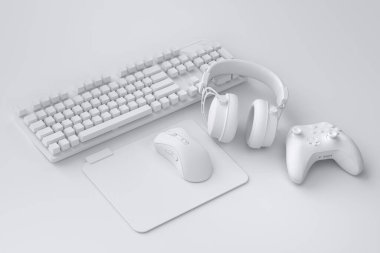 Fare, klavye, joystick, kulaklık ve tek renkli arka planda fare gibi üst görünüm oyuncuları. Canlı yayın konsepti için 3D aksesuar hazırlama