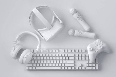 Fare, klavye, joystick, kulaklık ve VR gözlükleri gibi üst düzey oyuncu dişlileri monokrom arka planda. Canlı yayın konsepti için 3D aksesuar hazırlama