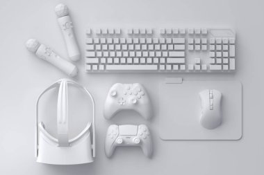 Fare, klavye, joystick, kulaklık ve VR gözlükleri gibi üst düzey oyuncu dişlileri monokrom arka planda. Canlı yayın konsepti için 3D aksesuar hazırlama