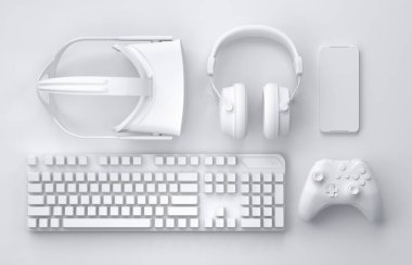 Fare, klavye, joystick, kulaklık ve telefon gibi üst düzey oyuncu dişlileri monokrom arka planda. Canlı yayın konsepti için 3D aksesuar hazırlama