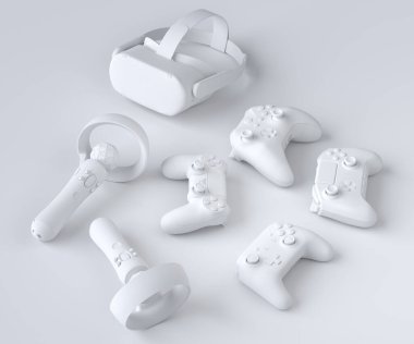 Tek renkli arka planda oyun çubukları ya da oyun pedleri seti bulanık. Canlı yayın konsepti üst görünümü için 3d aksesuar hazırlama