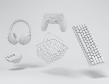 Fare, klavye, joystick, kulaklık, VR gibi uçan oyun çarkları, tek renkli arka planda plastik sepette web kamerası. 3D satış, alışveriş ve canlı yayın için aksesuar teslimatı