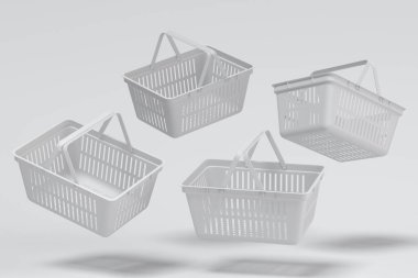 Tek renkli arka planda süpermarketten uçan metal tel alışveriş sepeti seti. 3D canlandırma konsepti online alışveriş ve Kara Cuma indirimi