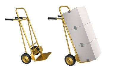 Havaalanı bagaj seti ya da bagaj vagonu yanında bir yığın karton kutu ya da beyaz arka planda karton kutu. Havaalanı veya depo servisinin 3d oluşturma ögesi